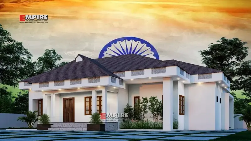 Beautiful single floor kothi design with white walls and black roof by Mangalore-based Empire Architectural Designer
