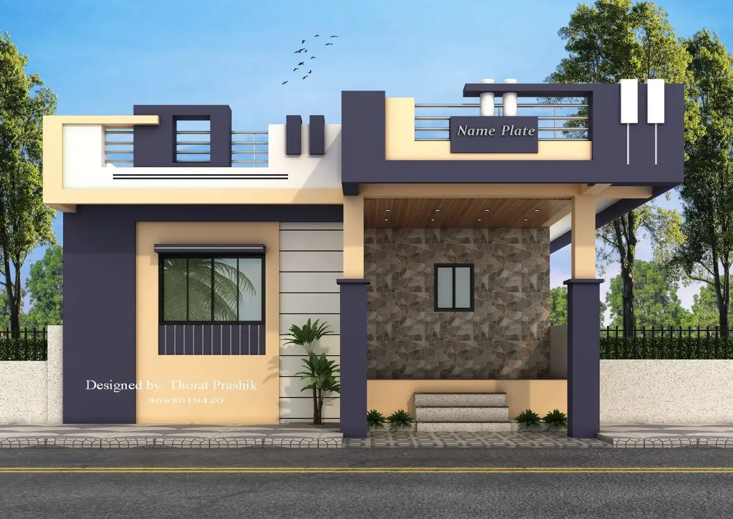 The 3D animated front elevation design of this small house by Prashik Thorat looks fine