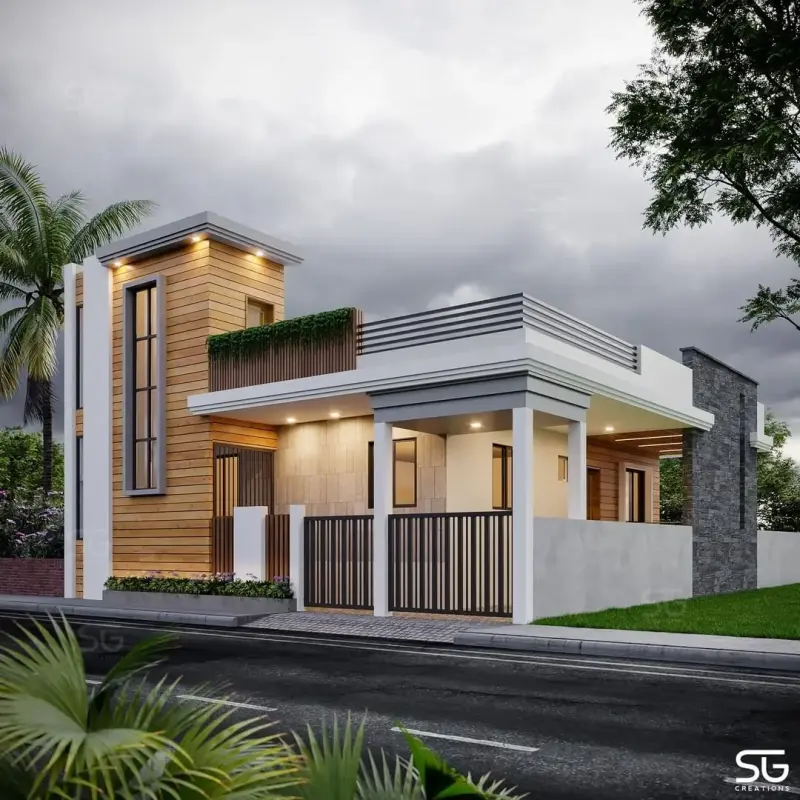 This 3D render of a single story home with beautiful landscaping is absolute class