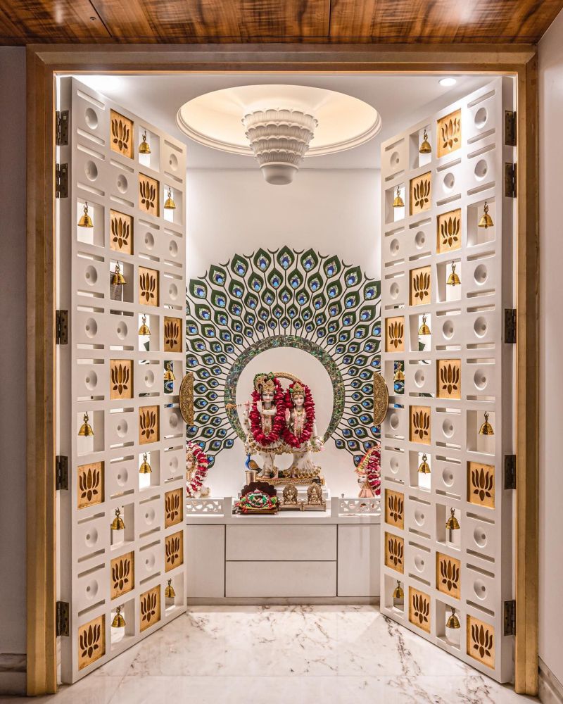 White mandir design for Home by Sculpt Design Studio